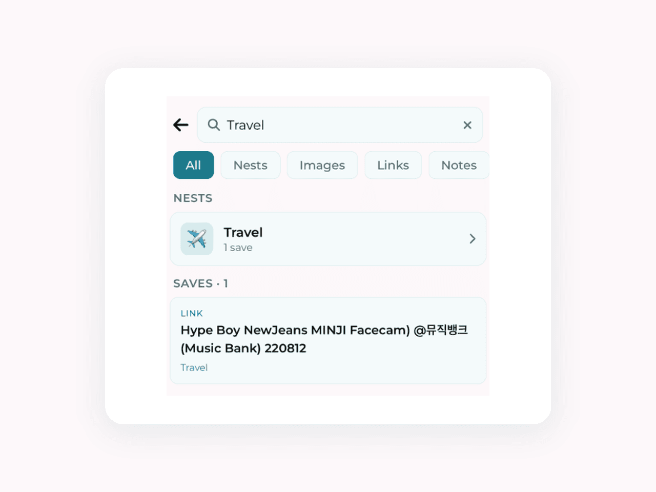 Magpie instant offline search screen showing filtered results for Travel with matching nests and links
