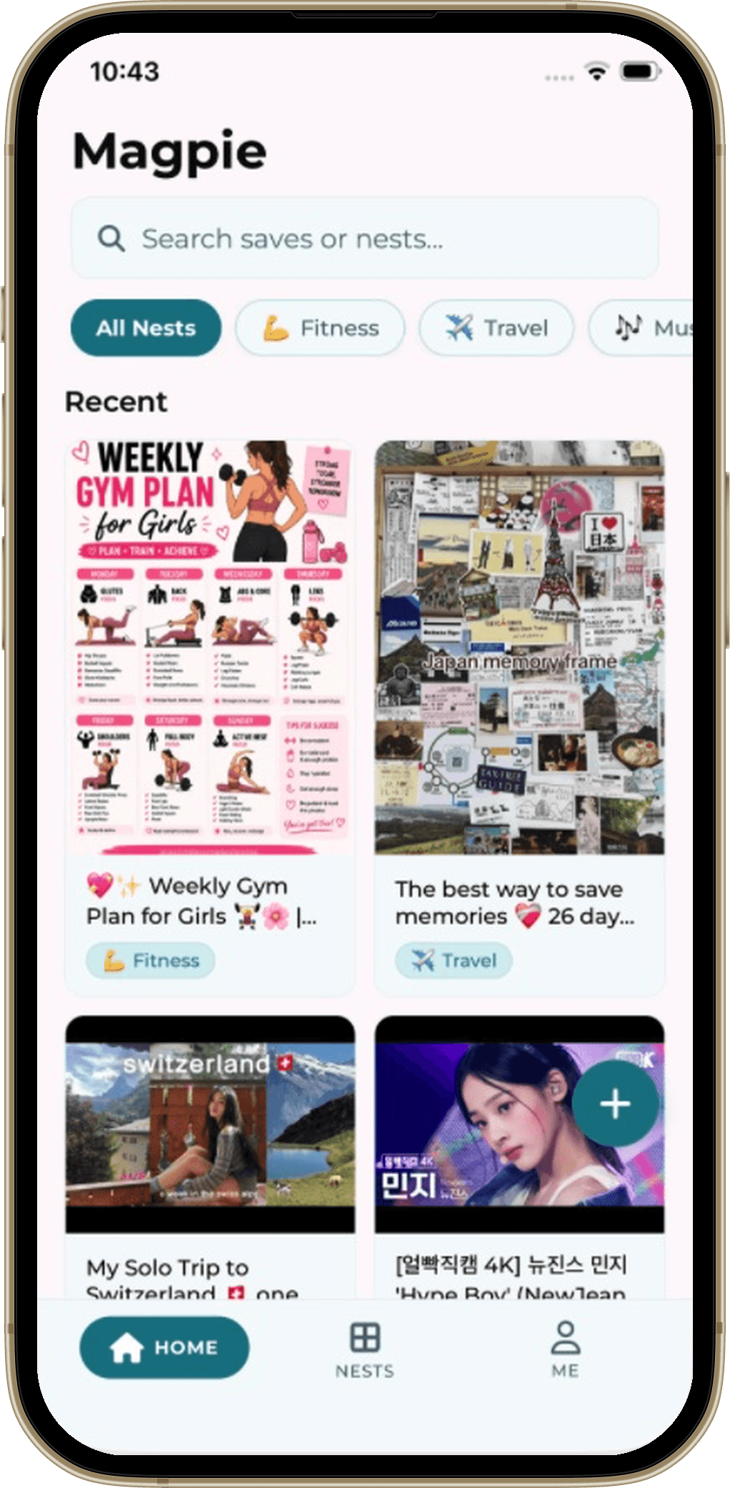 Magpie home screen showing search and nested screenshot collections